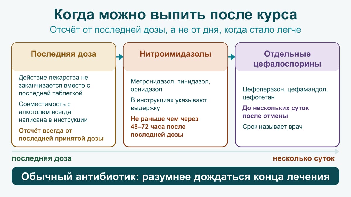 Схема сроков после курса: отсчёт от последней дозы, нитроимидазолы — не раньше 48–72 часов, отдельные цефалоспорины — до нескольких суток